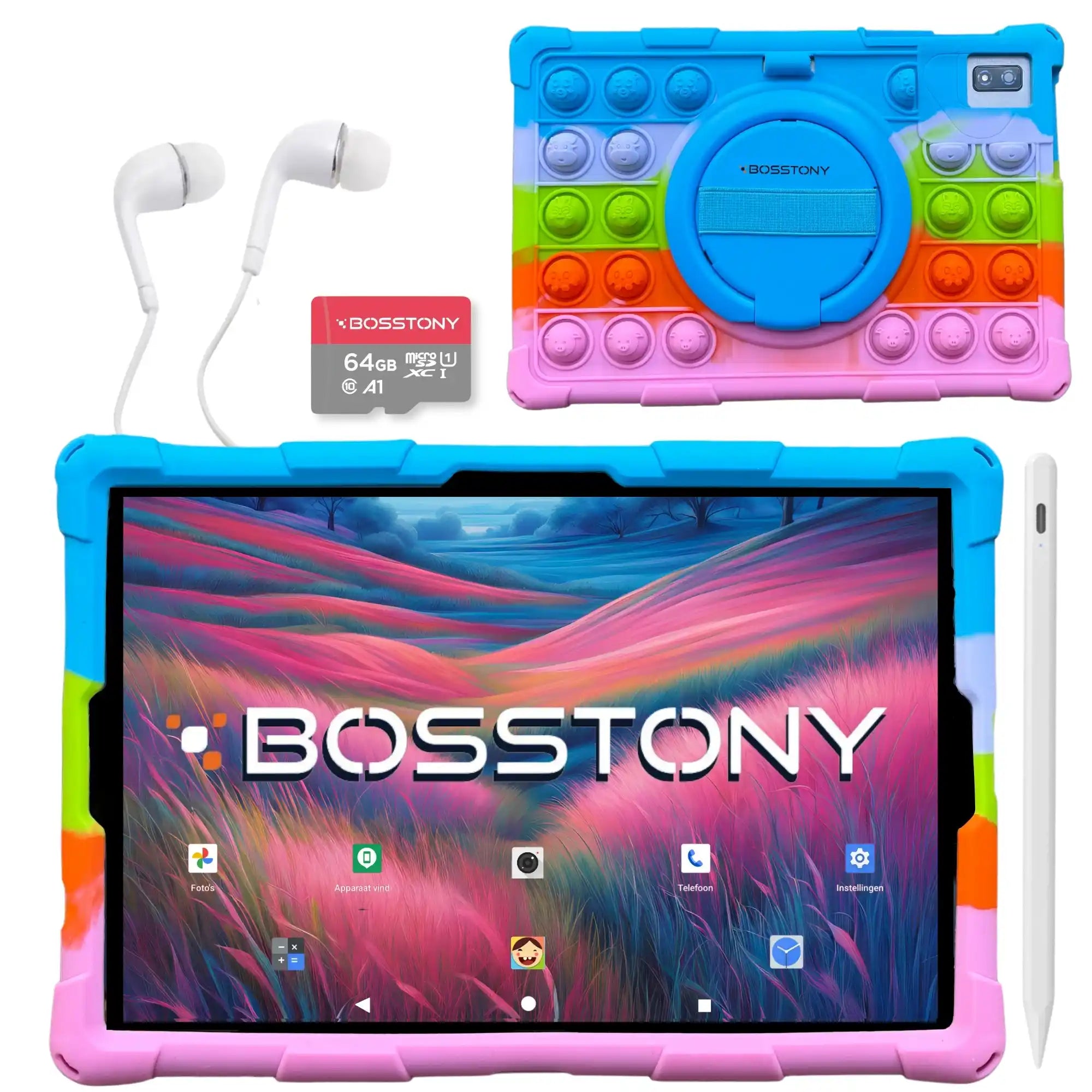 Bosstony kids tablet regenboog 64gb kaart oordopjes styluspen beschermhoes