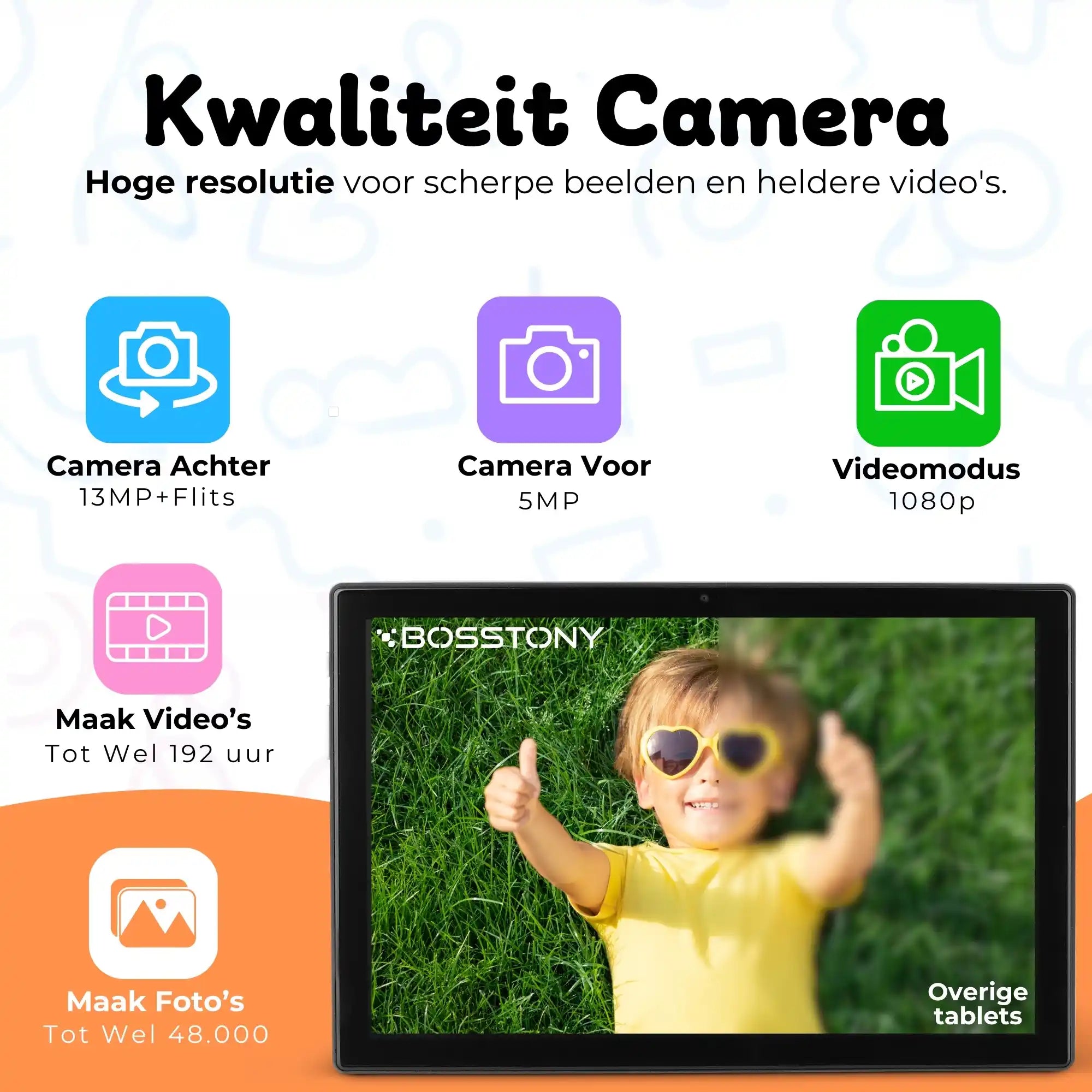 Bosstony kids tablet roze camera 13mp 1080p fullhd videos