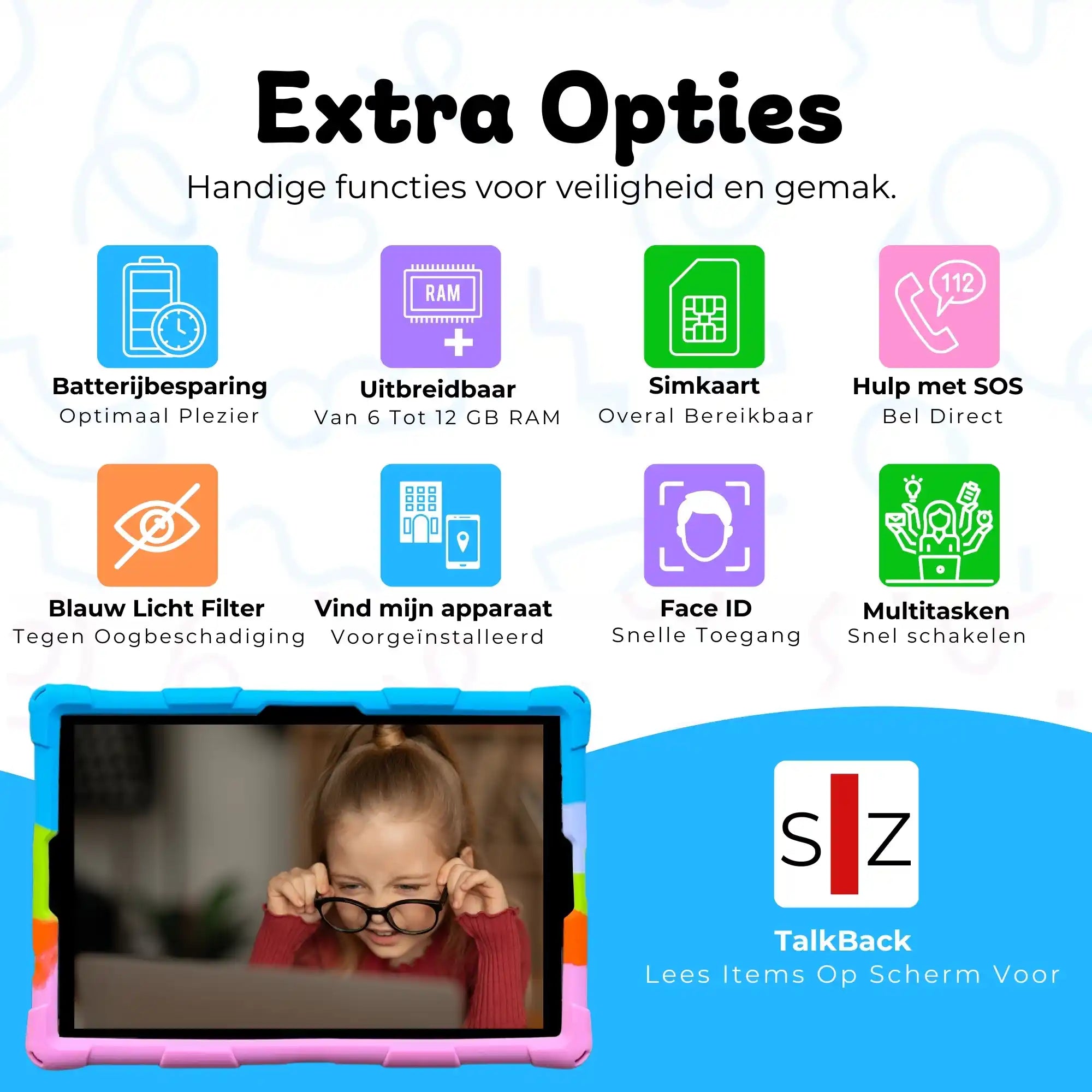 Bosstony kids tablet regenboog extra opties simkaart gps faceid multitasken
