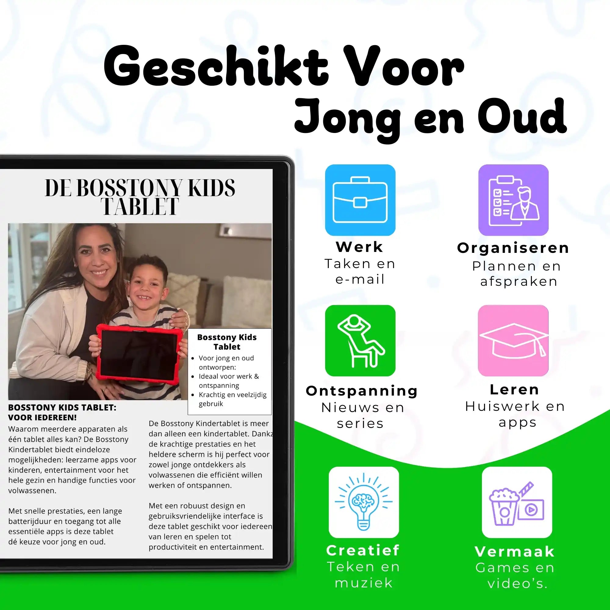 Bosstony kids tablet roze geschikt jong oud werk leren vermaak