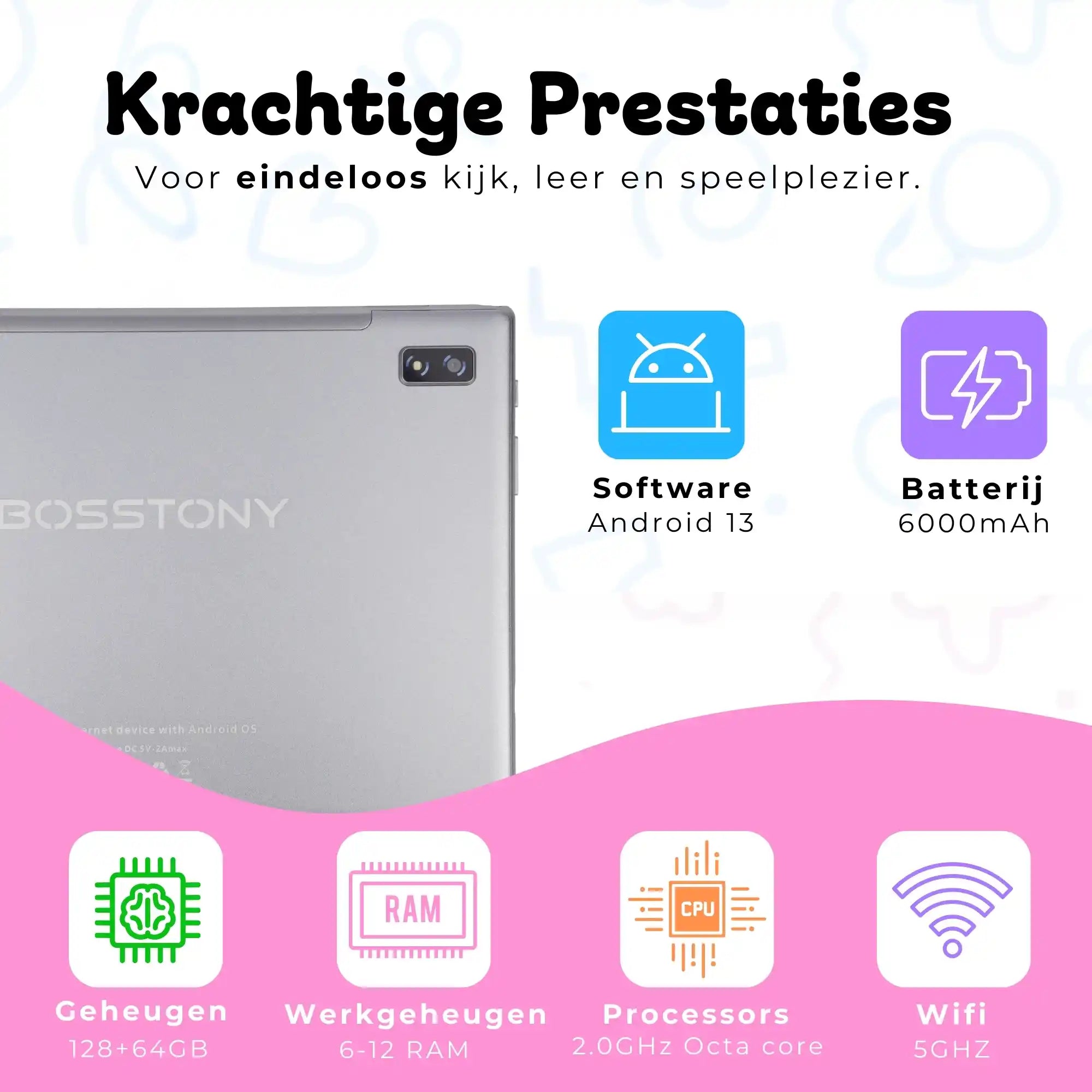 Bosstony kids tablet regenboog krachtige prestaties android 13 octacore 6gb 12gb ram 2ghz 128gb