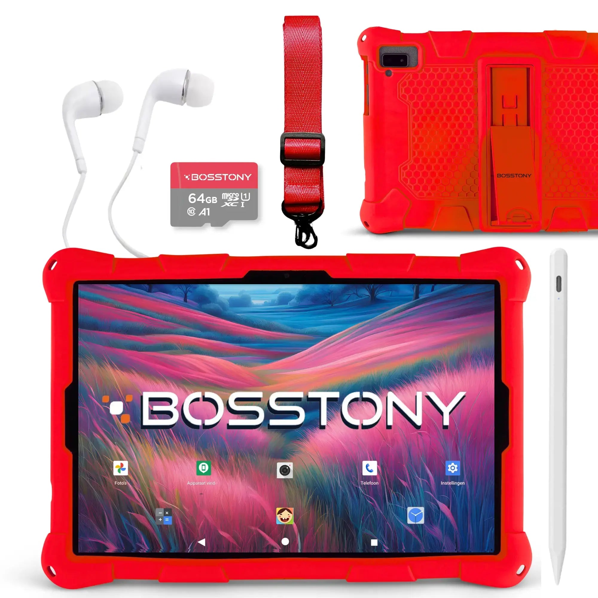 Bosstony kids tablet rood 64gb kaart oordopjes styluspen beschermhoes