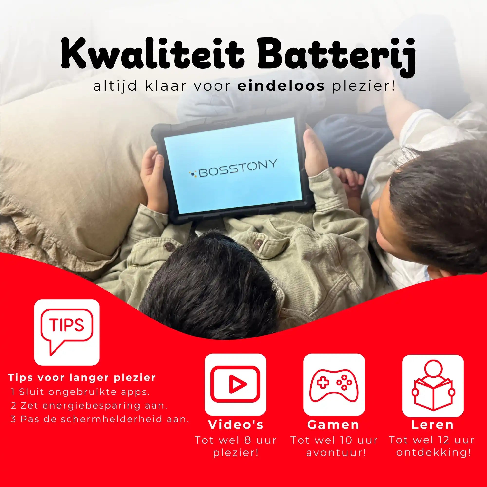 Bosstony kids tablet rood kwaliteit batterij videos gamen ontdekken