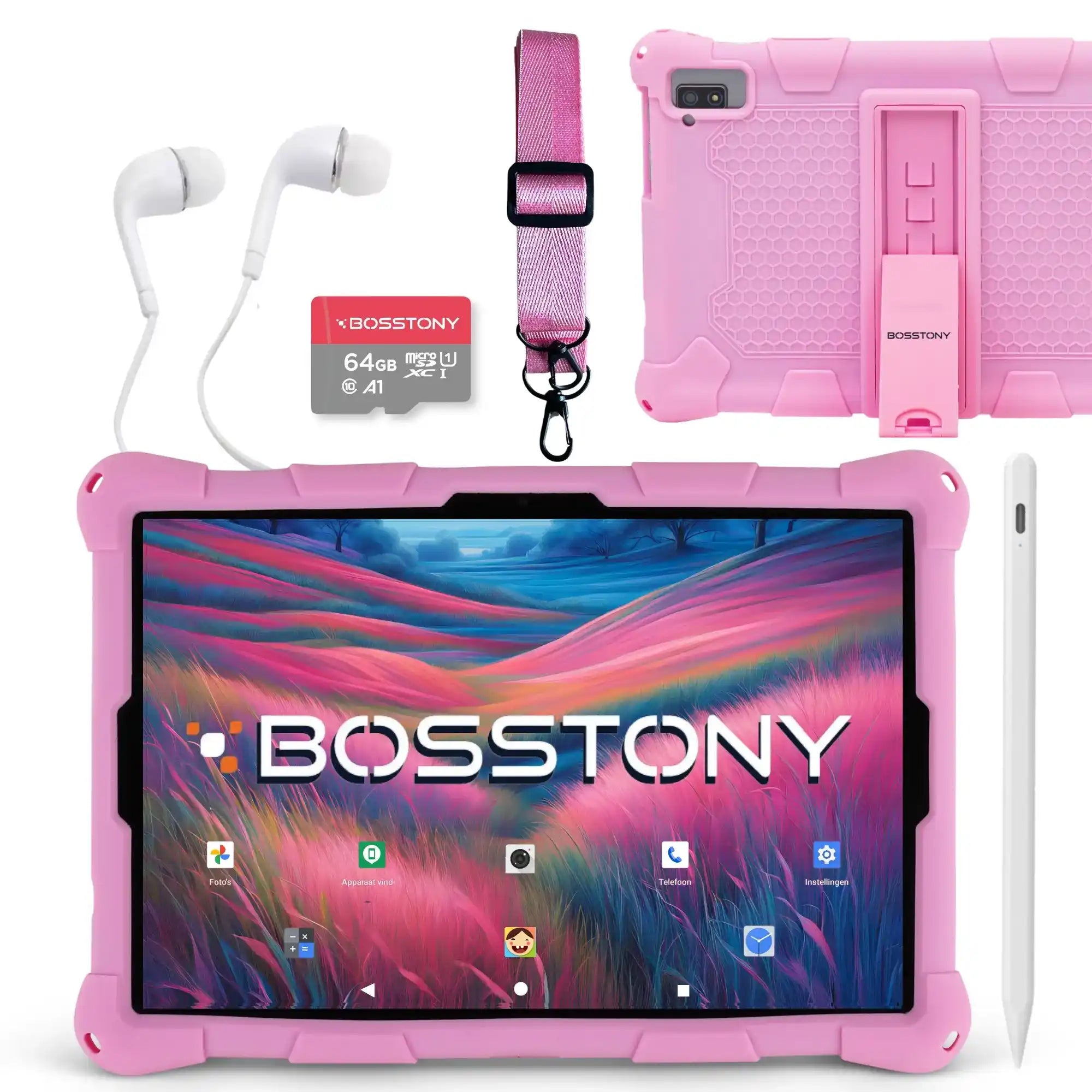 Bosstony kids tablet roze 64gb kaart oordopjes styluspen beschermhoes