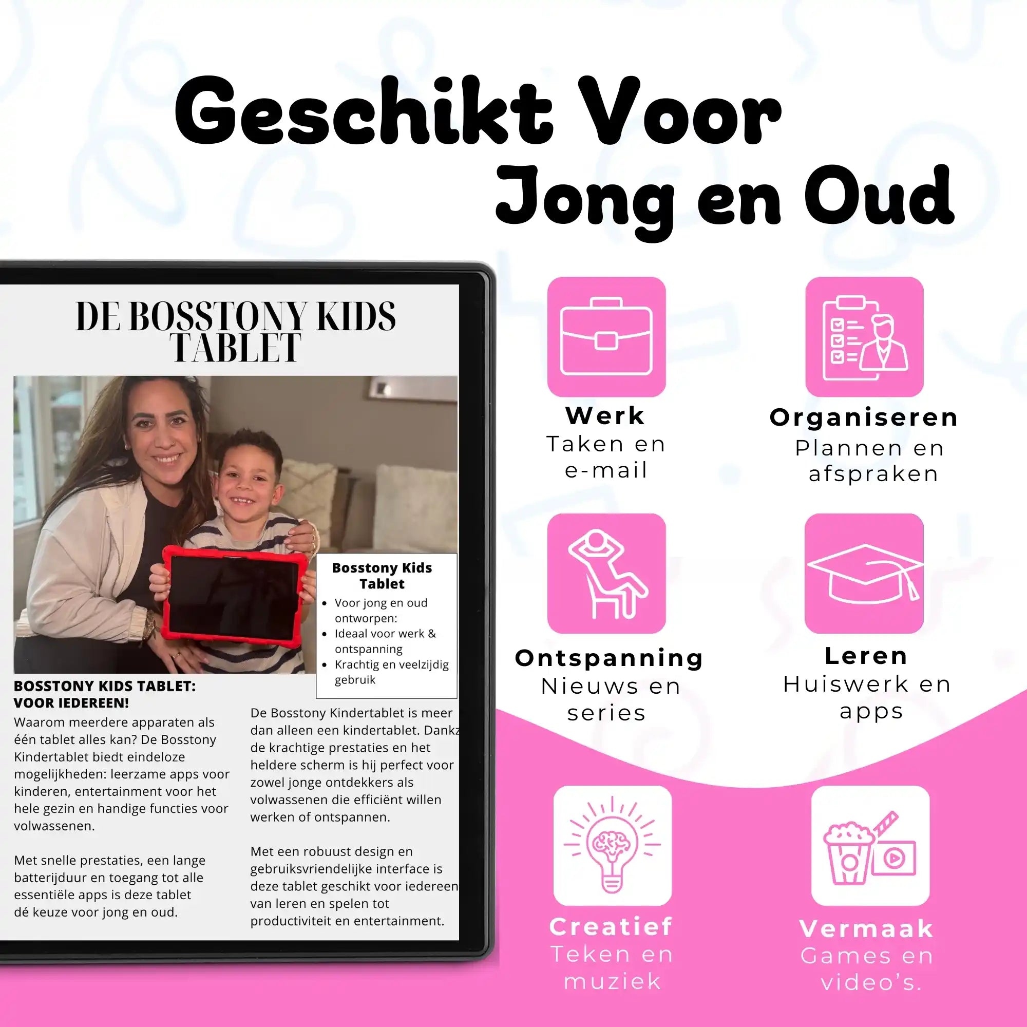 Bosstony kids tablet roze geschikt jong oud werk leren vermaak