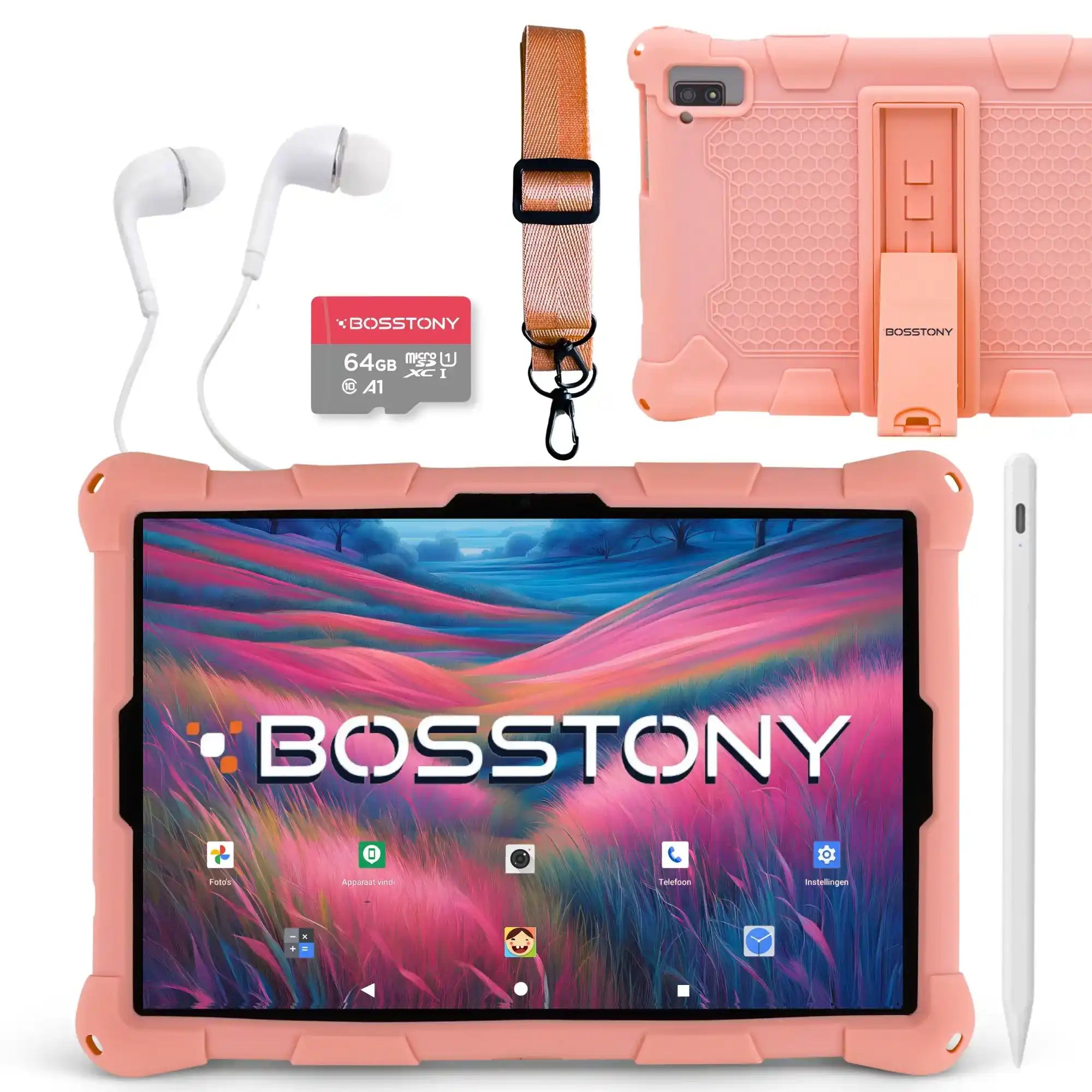 Bosstony kids tablet zalmroze 64gb kaart oordopjes styluspen beschermhoes