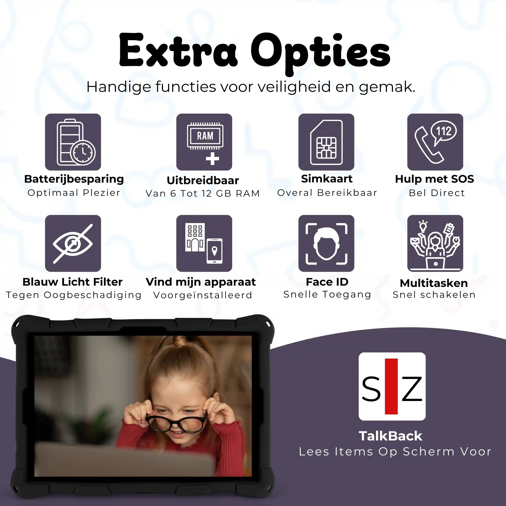 Bosstony kids tablet zwart extra opties simkaart gps faceid multitasken