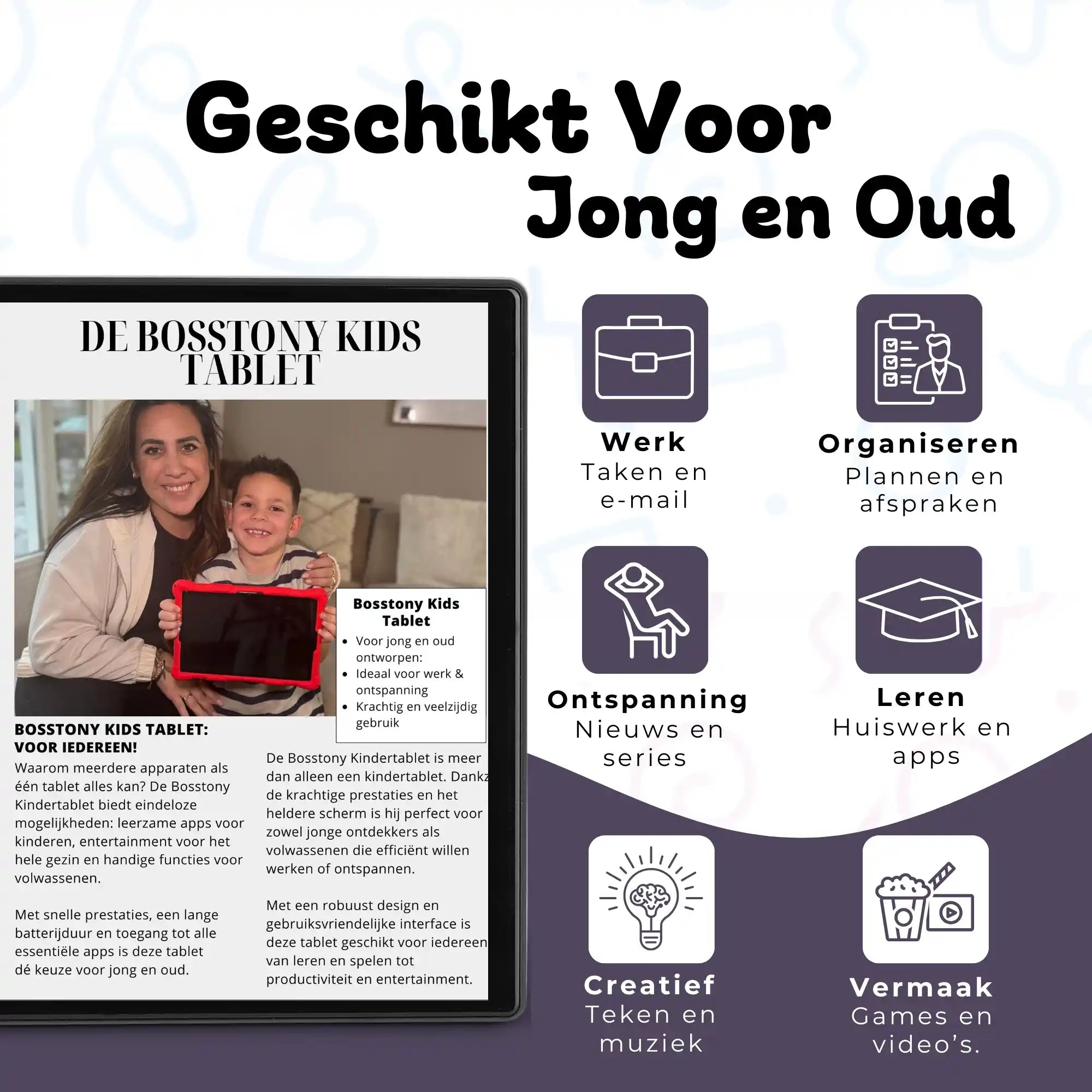 Bosstony kids tablet zwart geschikt jong oud werk leren vermaak