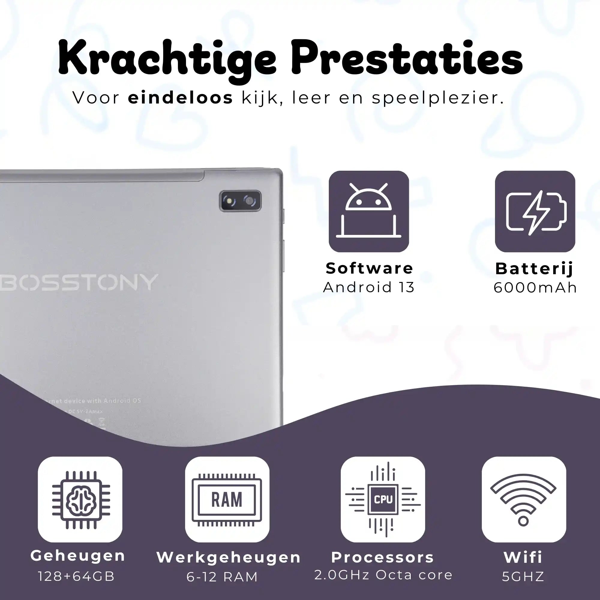 Bosstony kids tablet zwart fidget krachtige prestaties android 13 octacore 6gb 12gb ram 2ghz 128gb