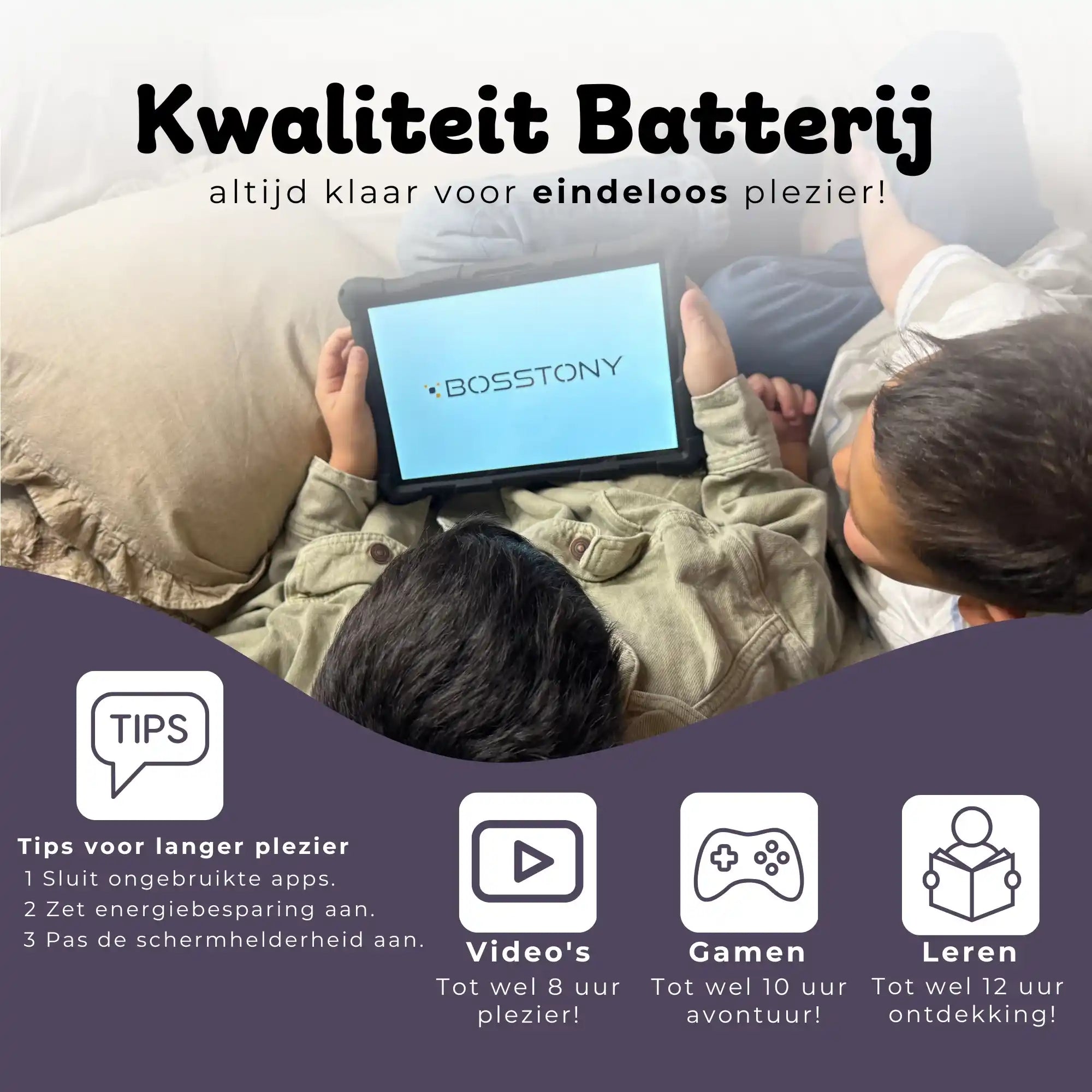 Bosstony kids tablet zwart fidget kwaliteit batterij videos gamen ontdekken