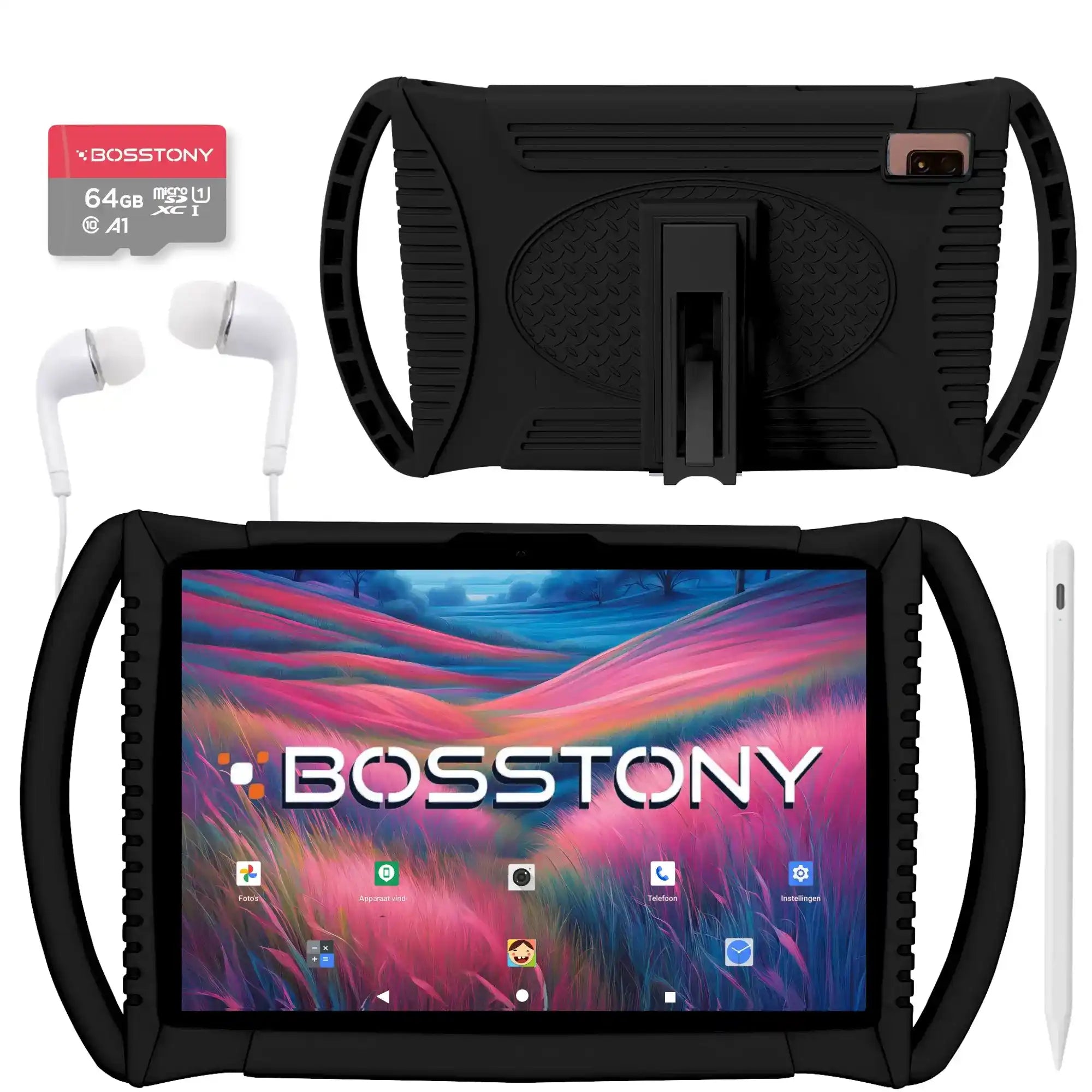 Bosstony kids tablet zwart met hendel 64gb kaart oordopjes styluspen beschermhoes