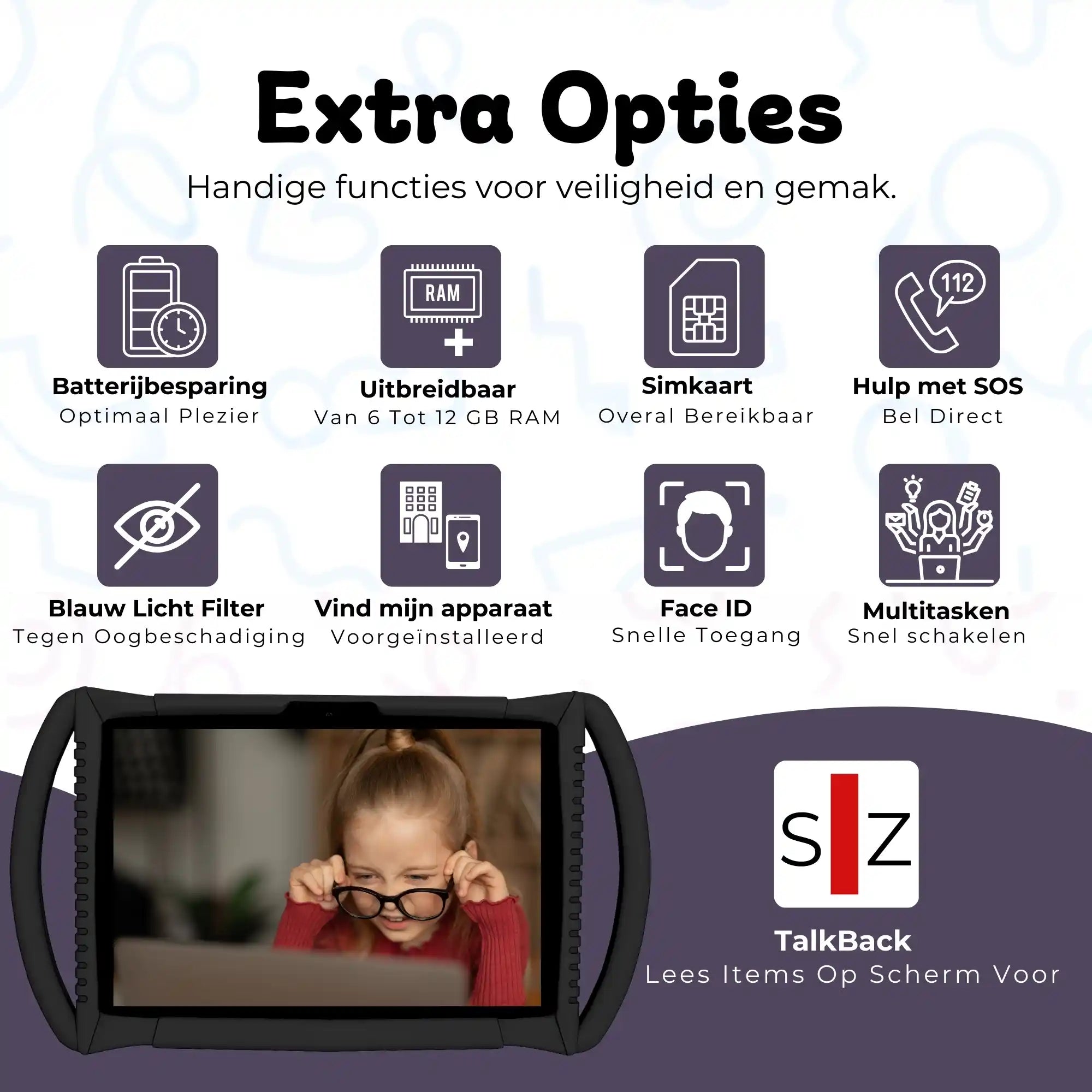 Bosstony kids tablet zwart met hendel extra opties simkaart gps faceid multitasken