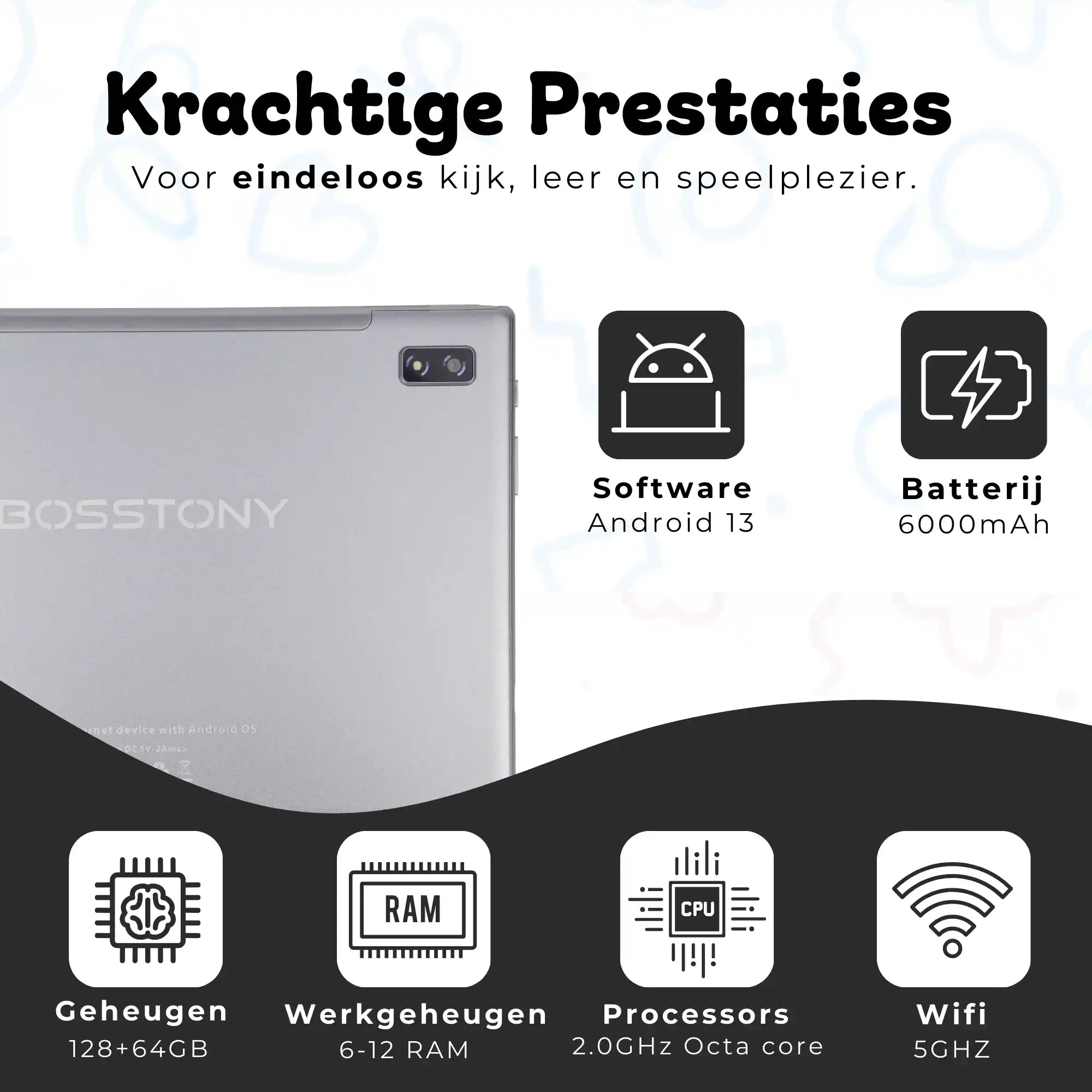 Bosstony kids tablet zwart met hendel krachtige prestaties android 13 octacore 6gb 12gb ram 2ghz 128gb