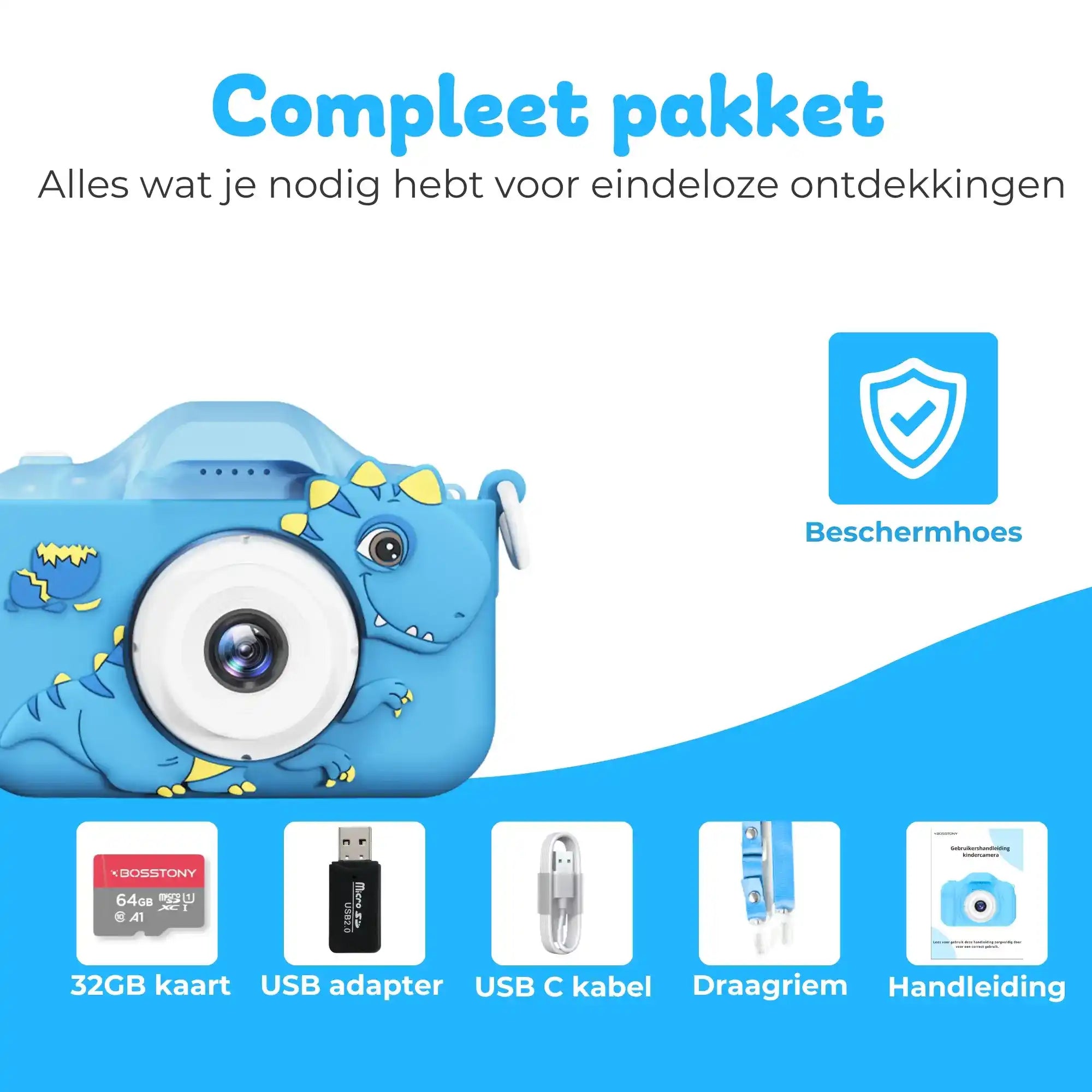 Blauwe kindercamera met full hd video en een groot 2-inch scherm voor duidelijk beeld
