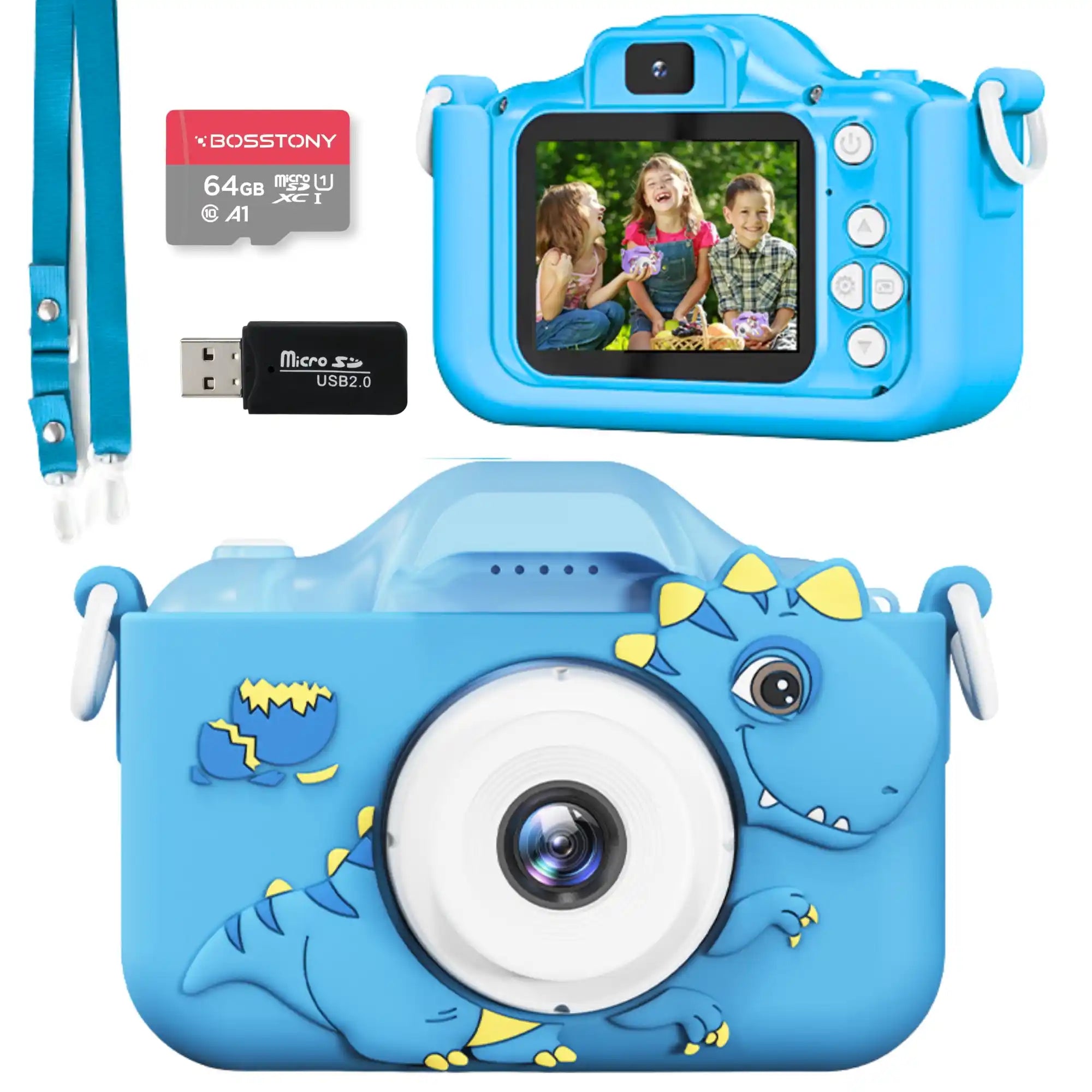 Bosstony blauwe kindercamera met 64gb geheugen en 48mp, perfect als eerste fototoestel voor kinderen