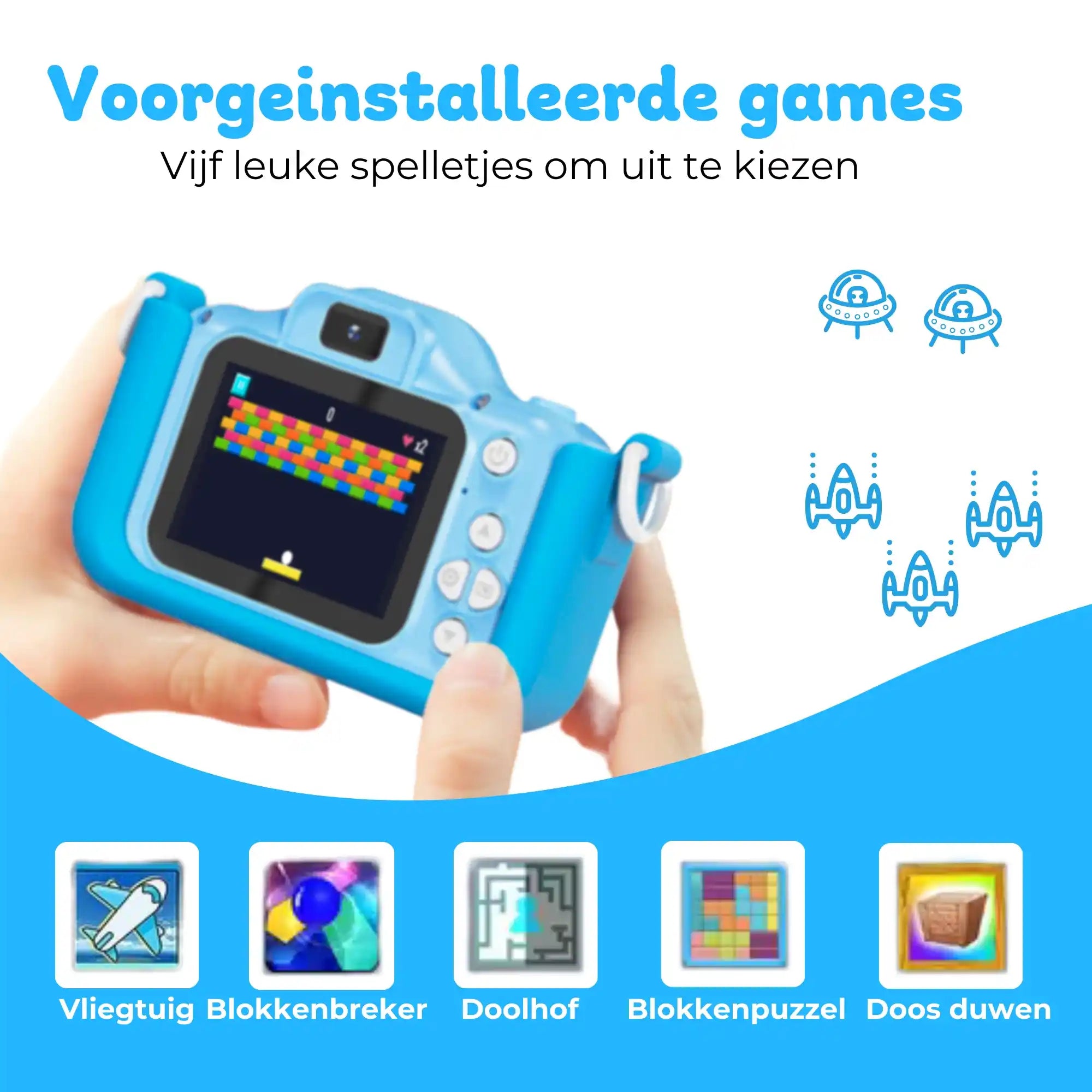 duurzame en schokbestendige Bosstony blauwe kindercamera, ideaal voor avontuurlijke kinderen