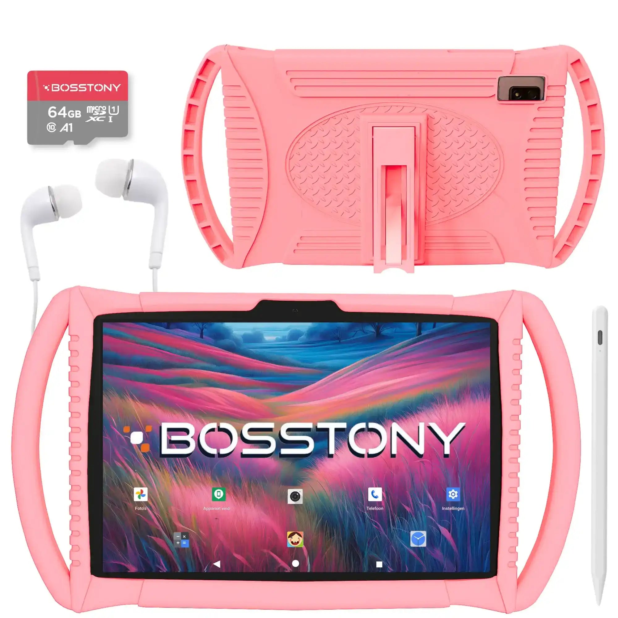 Bosstony kids tablet lichtroze 64gb kaart oordopjes styluspen beschermhoes