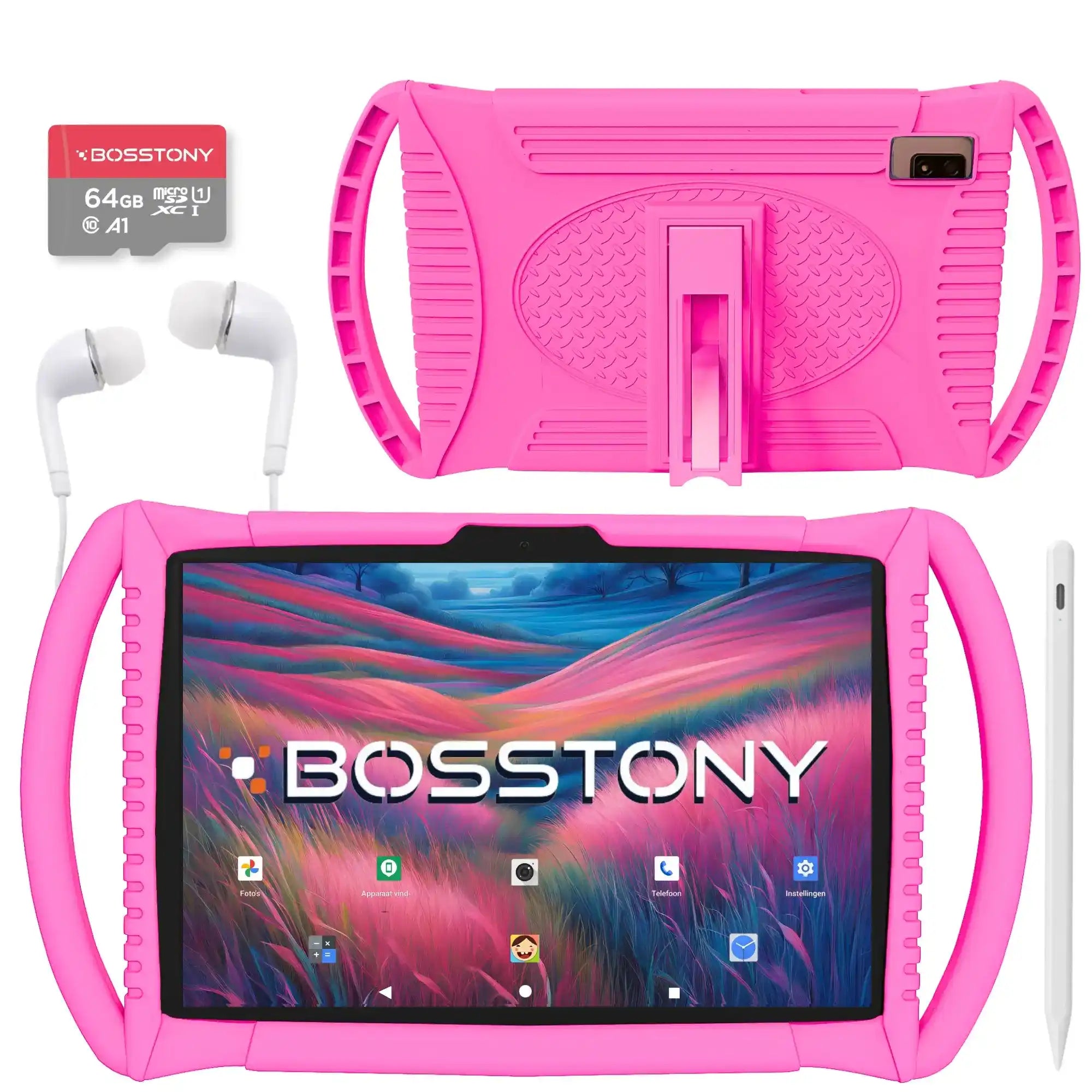 Bosstony kids tablet in neonroze met 64GB kaart, oordopjes, styluspen en stevige beschermhoes voor compleet gebruiksgemak