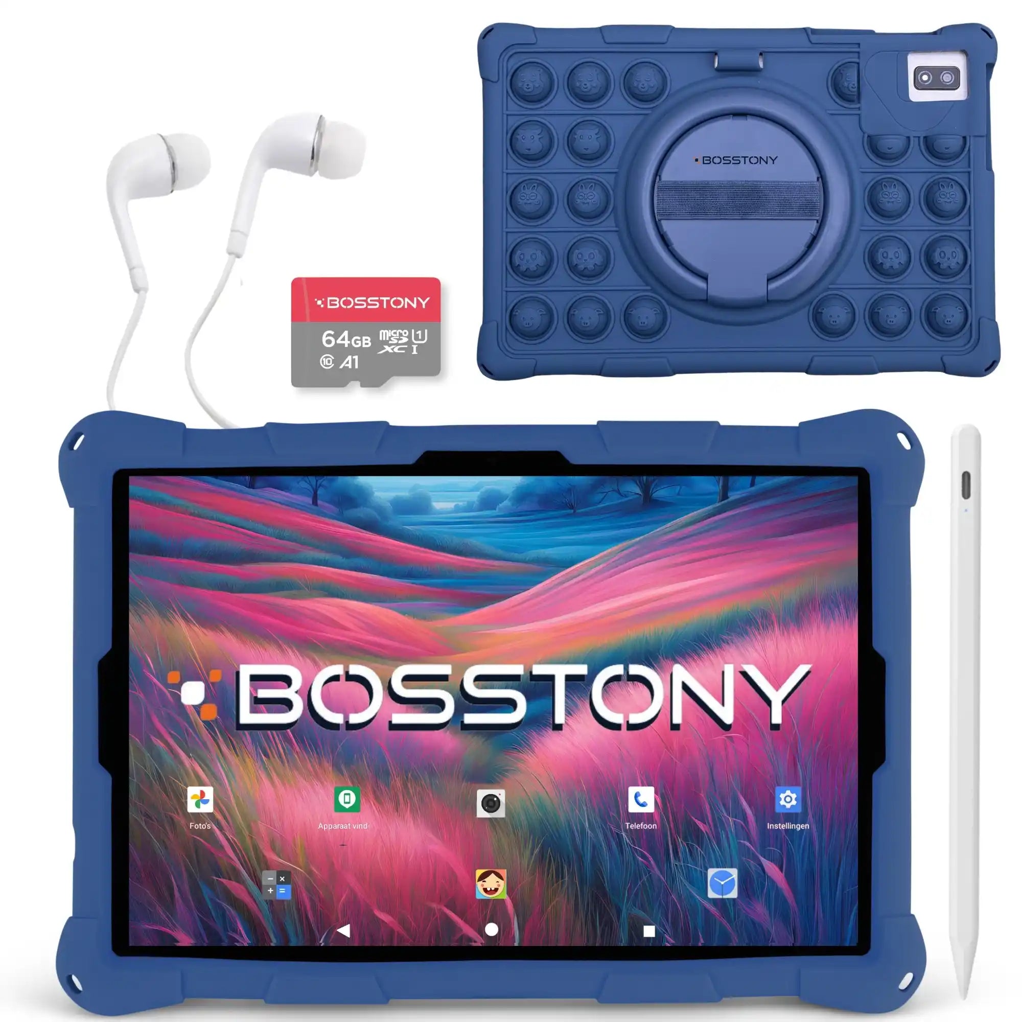 Bosstony kids tablet obsidiaan blauw fidget 64gb kaart oordopjes styluspen beschermhoes