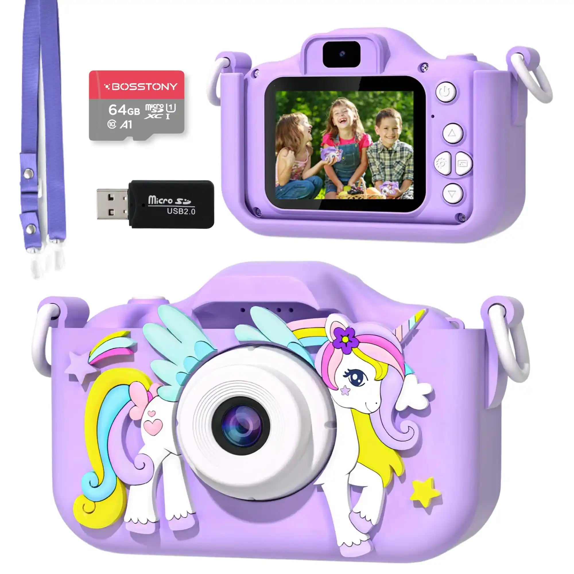 Bosstony paarse kindercamera met 64gb geheugen en 48mp, perfect als eerste fototoestel voor kinderen