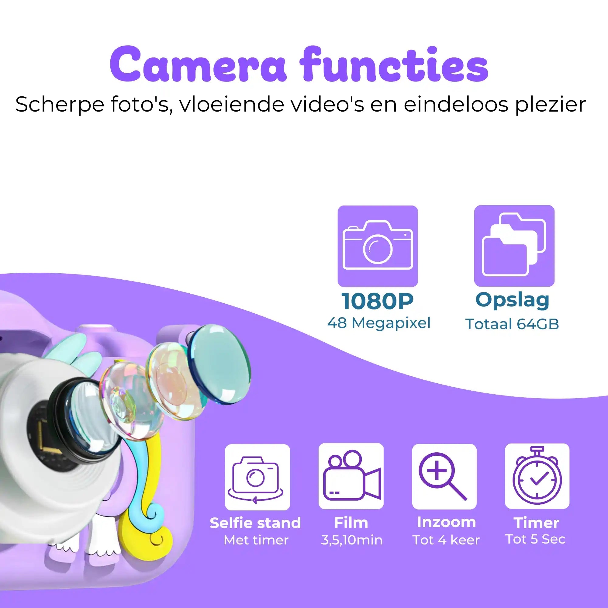 paarse kindercamera van Bosstony met 48mp en 64gb, een geweldig cadeau voor jonge fotografen