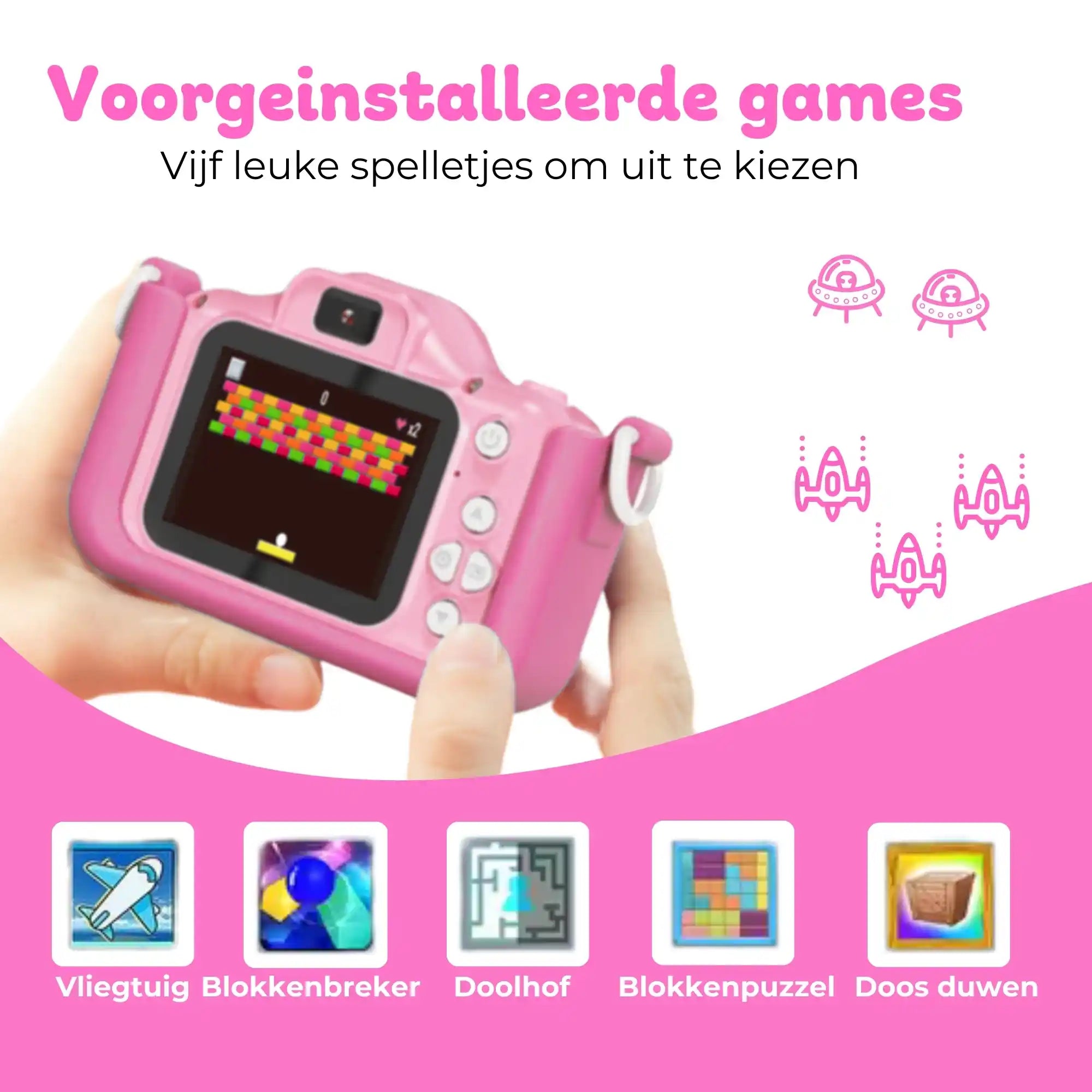 roze fototoestel voor kinderen met full hd video en 64gb geheugen voor mooie herinneringen